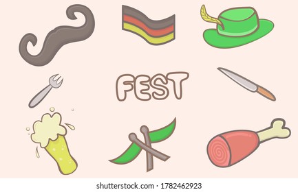 illustration set of fest doodle icons concept, meat, knives, forks, flags, mustaches, german flags, and green hats, large dinner parties