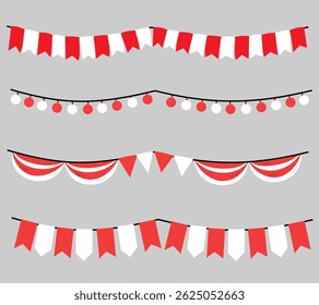 illustration set of festive Indonesian flag pennants for independence day decoration. White and red flag decoration