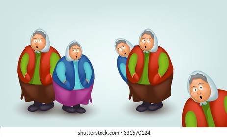 illustration of set of few surprised grannys with shadows on blue background
