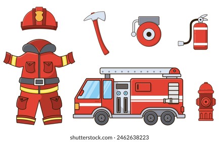 Illustration of set of fireman equipments vector graphic cute cartoon style isolated white background.