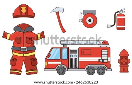 Illustration of set of fireman equipments vector graphic cute cartoon style isolated white background.