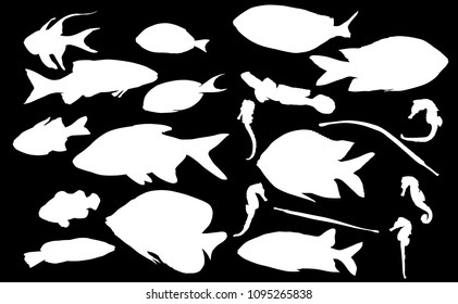 illustration with set of fish silhouettes isolated on black background