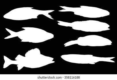 ilustración con conjunto de siluetas de peces aisladas en fondo negro