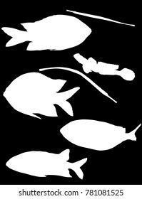 ilustración con conjunto de siluetas de peces aisladas en fondo negro