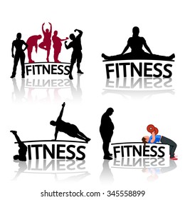 illustration of set of fitness silhouette icons with reflection on white background