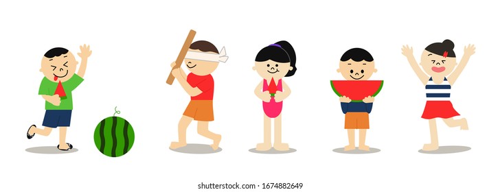 Illustration set of five kids playing on the beach 