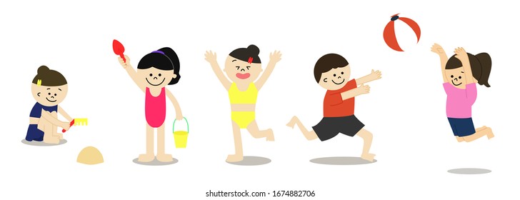 Illustration set of five kids playing on the beach 