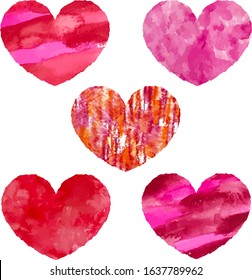 Illustration set of five kinds of hearts drawn in watercolor style