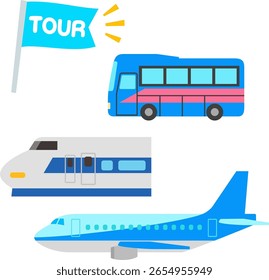 Conjunto de ilustración de una bandera con la palabra TOUR y un vehículo