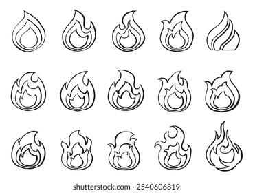 Illustration set of flames and fire drawn with brush and India ink.