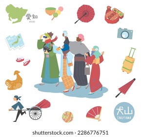Es ist eine Illustration eines (flachen) ausländischen Touristen mit einem Kimono und einer Ikone von Inuyamas berühmten Sehenswürdigkeiten in Aichi, Japan.