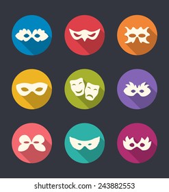 Illustration set flat icons of Carnival or theatre masks with long shadows - vector