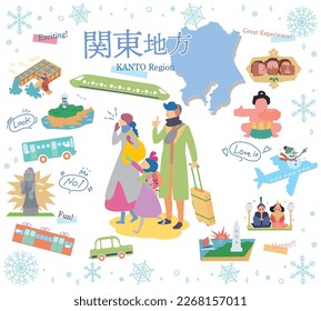 It is an illustration of a set (flat) of icons for a family of three who enjoy winter famous place sightseeing in the Kanto region of Japan.