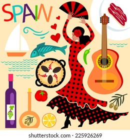 Illustration of a set flat icons illustrating Spain: flamenco, guitar, wine, olive oil, fish, ham, paella.