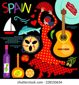 Illustration of a set flat icons illustrating Spain: flamenco, guitar, wine, olive oil, fish, ham, paella.