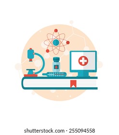 Illustration set flat icons of objects medicine laboratory, concept of healthcare system - vector