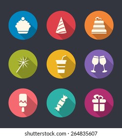 Illustration set flat icons of party objects with long shadows - vector
