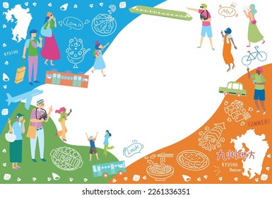 It is an illustration of a set (flat) of icons, tourists enjoying summer gourmet tourism in the Kyushu region of Japan.