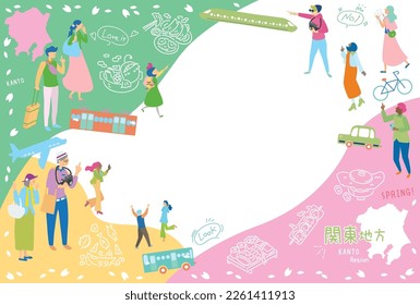 It is an illustration of a set (flat) of icons, tourists enjoying spring gourmet sightseeing in the Kanto region of Japan.