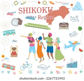 It is an illustration of a set (flat) of icons for tourists who enjoy summer specialty sightseeing in the Shikoku region of Japan.