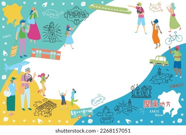 It is an illustration of a set (flat) of icons, tourists enjoying summer famous place sightseeing in the Kanto region of Japan.