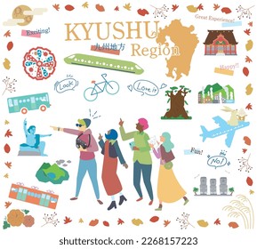 It is an illustration of a set (flat) of icons, tourists enjoying autumn specialty sightseeing in the Kyushu region of Japan.