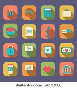 Illustration set flat icons of web design objects, business, office and marketing items, long shadow style - vector