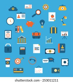 Illustration set flat icons of web design objects, business, office and marketing items - vector