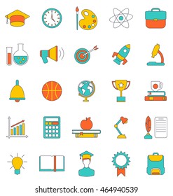 Illustration Set Flat Line Colorful Icons of School Equipment and Tools. Modern Trend Design. Group Objects Isolated on White Background - Vector