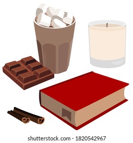 
illustration of a set in a flat style from cocoa or coffee with marshmallows, book, cinnamon sticks, scented candle, chocolate bar. Can be used in web design, menus, printing, icons, print on clothes