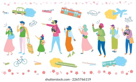 It is an illustration of a set (flat) of a wide variety of men and women of all ages and vehicles enjoying sightseeing in spring.