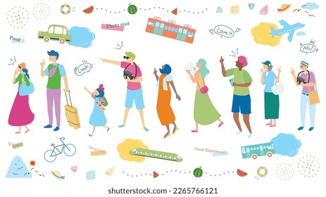 It is an illustration of a set (flat) of a wide variety of men and women of all ages and vehicles enjoying summer sightseeing.