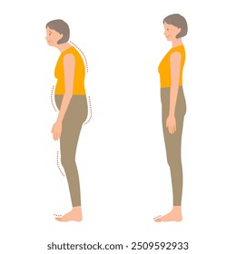 Ilustração conjunto de dedos flutuantes e solas normais dos pés do sênior (postura pobre de todo o corpo feminino)