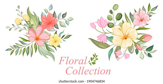 illustration of Set of floral branch with flower and green leaves for wedding bouquets, cards, designs. Floral arrangements for poster,  greeting card or invitation design