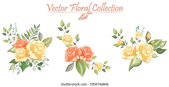 illustration of Set of floral branch with flower and green leaves for wedding bouquets, cards, designs. Floral arrangements for poster,  greeting card or invitation design