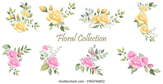 illustration of Set of floral branch with flower and green leaves for wedding bouquets, cards, designs. Floral arrangements for poster,  greeting card or invitation design