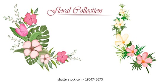 illustration of Set of floral branch with flower and green leaves for wedding bouquets, cards, designs. Floral arrangements for poster,  greeting card or invitation design