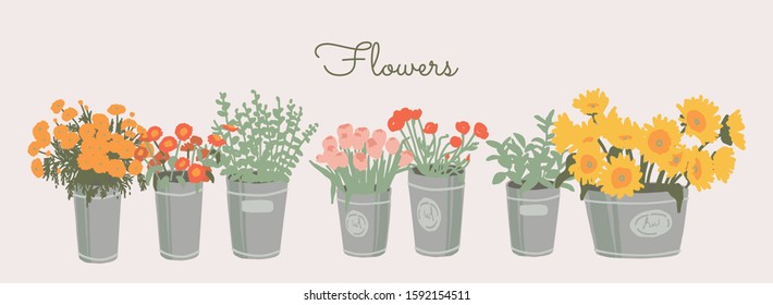 Illustration of set floral in buckets. Simple vector illustration. 