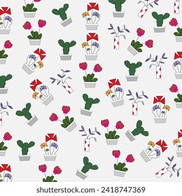  Illustration set of flowers in pots, seamless pattern.