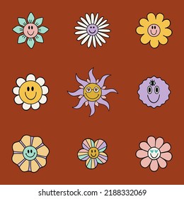 Illustration set of flowers in retro style. Daisies with smiling faces. Different types of petals. Cute style. Universal use.