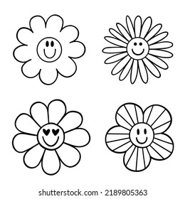Ensemble d'illustrations de fleurs de style rétro. Marguerites aux visages souriants. Différents types de pétales. Forme noire sur fond blanc. Objets isolés. Joli style. Usage universel.