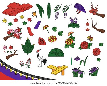 Illustration set of flowers and roles for each month of Hanafuda_translation:celebration
