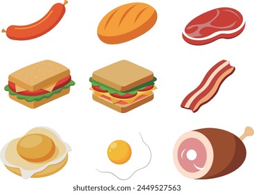 ilustración de un conjunto de alimentos Vector plano, huevo, pan, sándwich, huevo benedict, tocino, jamón, salchicha, carne