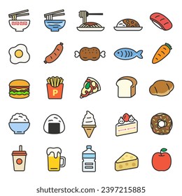 Illustration set of food icons (line drawing color).