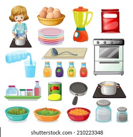 Illustration of a set of food and kitchenware