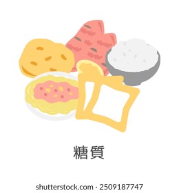 Illustration set of foods containing carbohydrates Translation: Carbohydrates