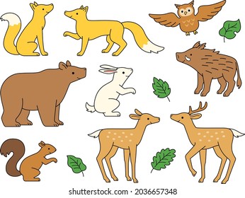 Illustration set of forest animals and green leaves