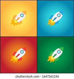 Illustration Set of Four Creative Rocket/Spaceship Vector Design With Beautiful Gradient Background, Rocket Vector Icon Set