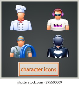 illustration of set of four different characters on dark grey background