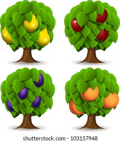 illustration of a set of four different fruit trees